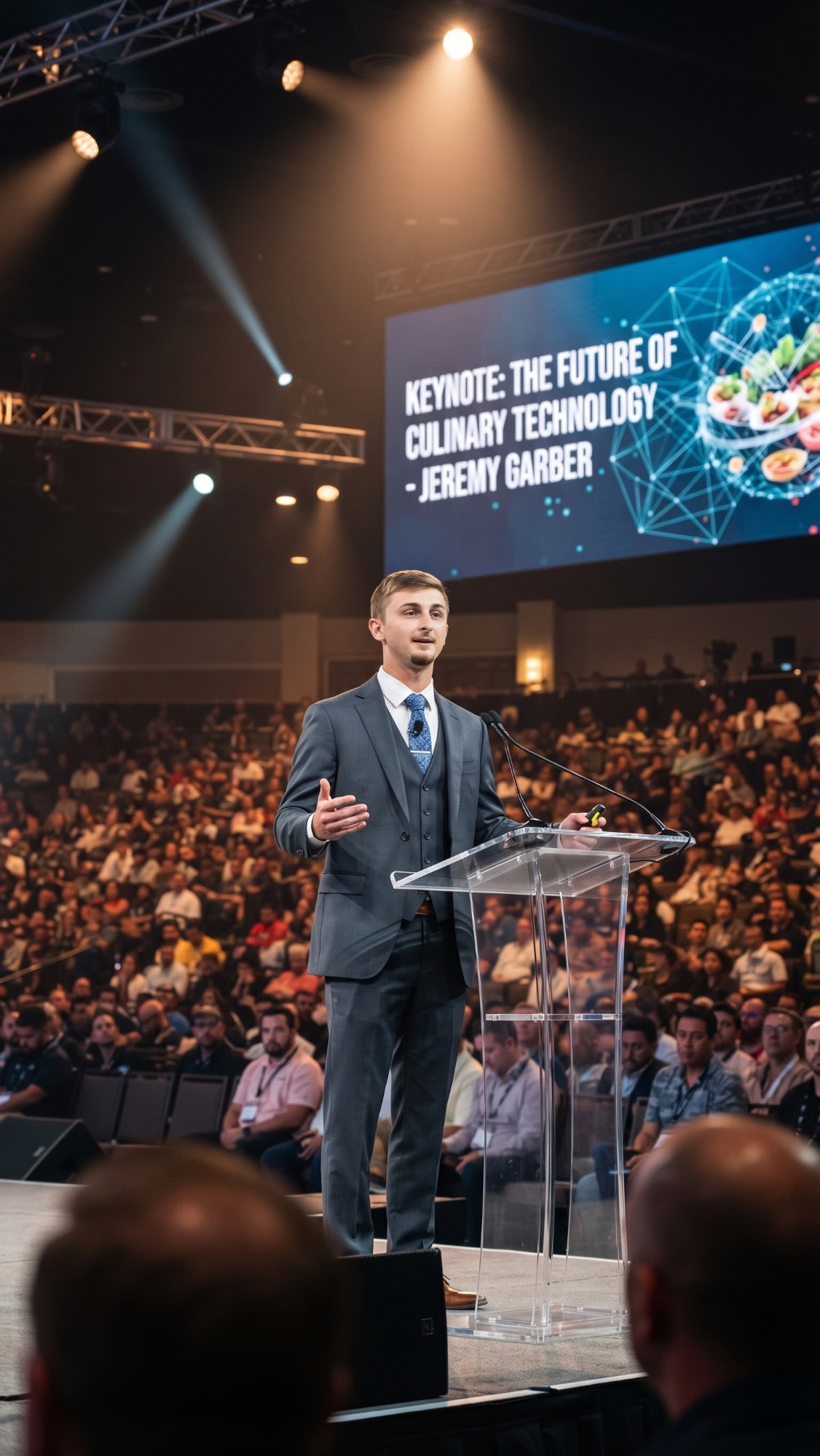 Jeremy Garber in a grey three-piece suit delivering a keynote from a clear lectern to a packed arena, the screen behind him reading The Future of Culinary Technology